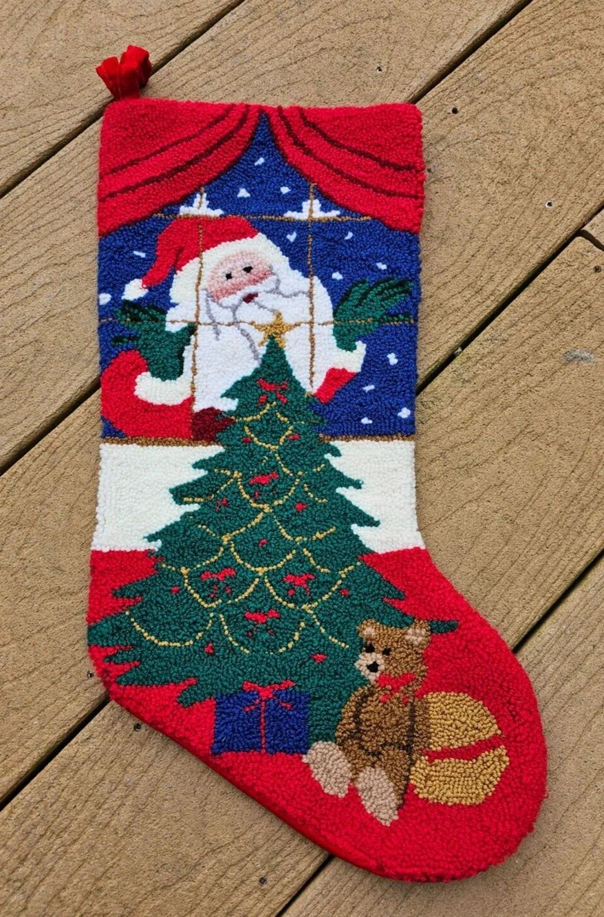 Vintage Wool Christmas Stocking Santa Looking in Window w/ Christmas Tree 19.5